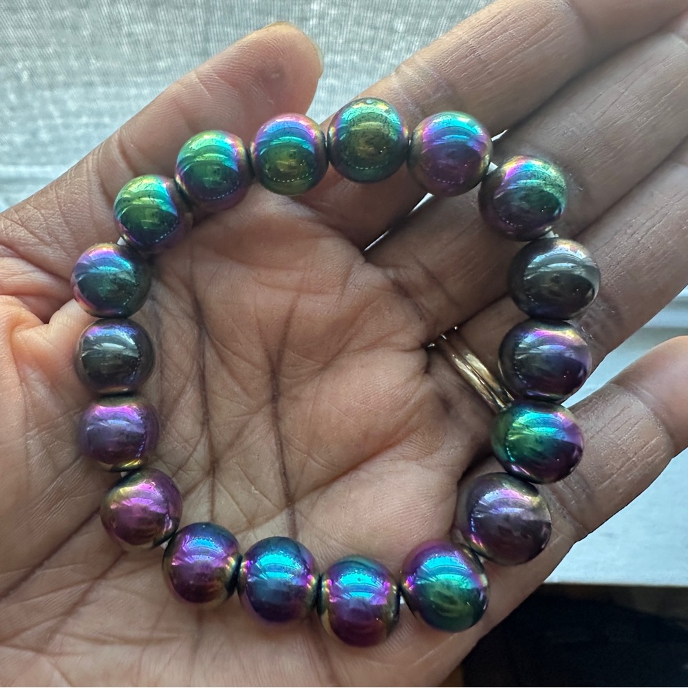 Iridescent Electroplated Hematite 12mm Beaded Bracelet